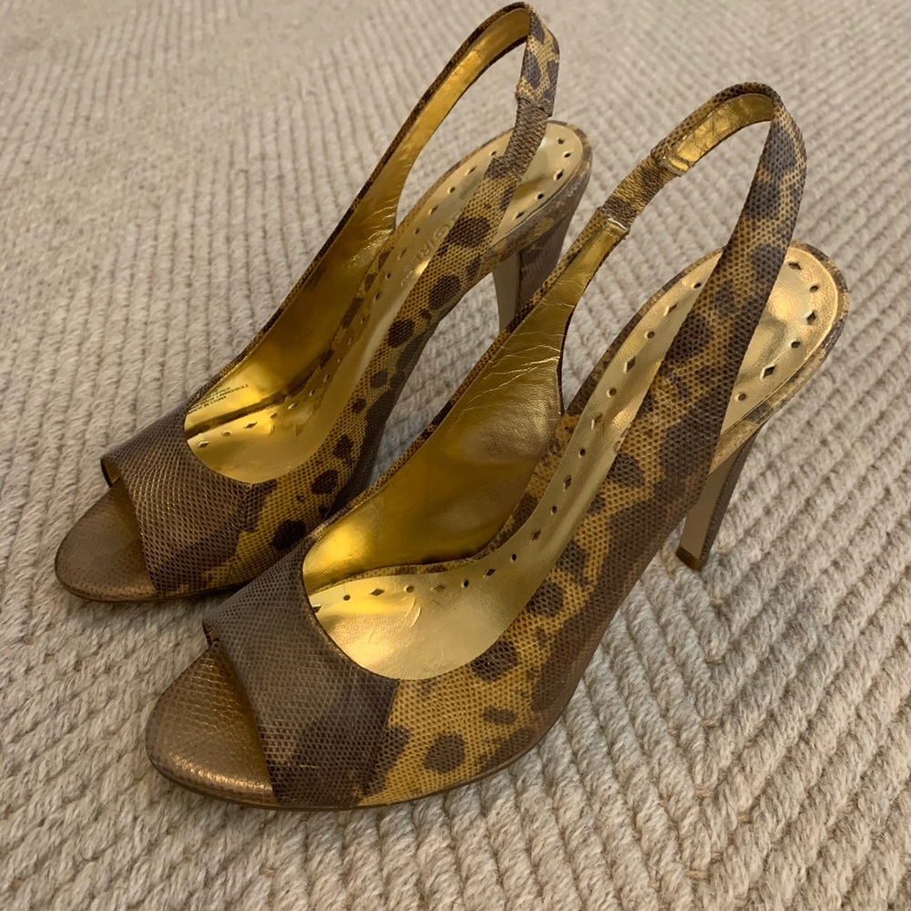 BCBGirls animal print sling back open toe heels